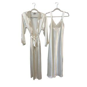 Vintage 90s Jones New York Satin Robe and Nightgown Set Size Medium Lace Trim Cr
